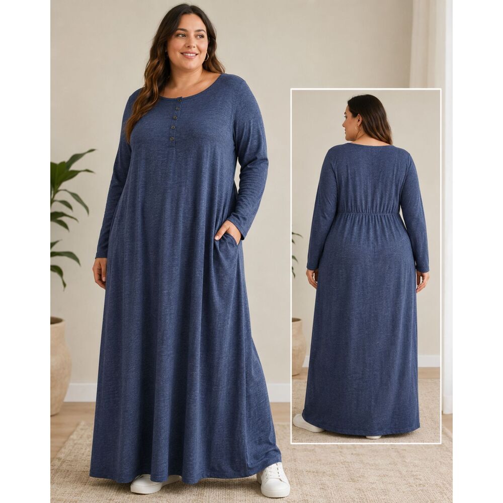 BloomChic NWT Blue Heather Long Sleeve Button Front Maxi Dress Size 18-20